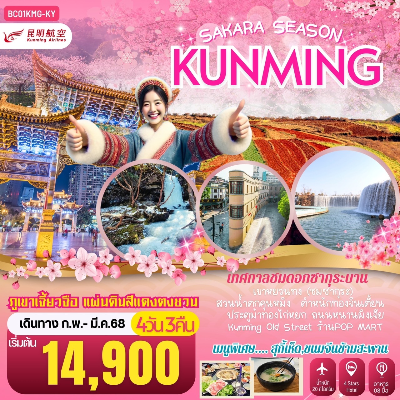 ทัวร์จีน SAKURA SEASON KUNMING คุนหมิง ภูเขาหิมะเจี้ยวจื่อ แผ่นดินสีแดง“ตงชวน”4วัน3คืน (KY)